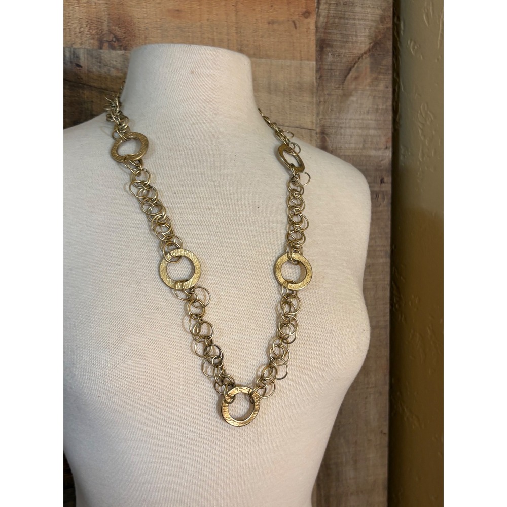 Hammered Gold Tone Interlocking Multi Ring Long Chain Necklace